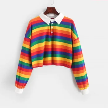 S-2xl Bayan polo gömlekler Sonbahar Bahar Kadın Tees Tops Uzun Kollu Renkli Çizgili Kısa Turn-aşağı Yaka Bayan Giyim H25B