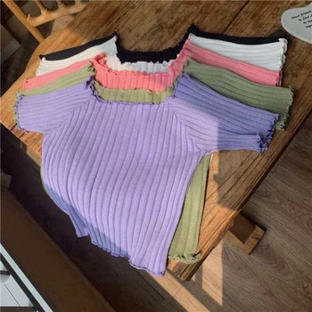 Kore Kısa Kollu Saf Renk Örgü Kadın T-Shirt Seksi Y2k Kırpma Üst Bebek Tee