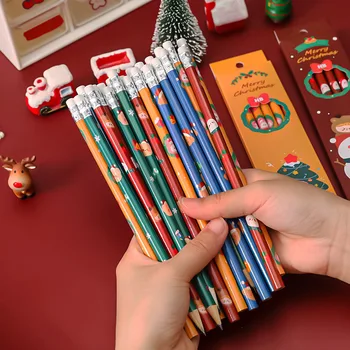 6 adet/kutu Ahşap Kalemler Merry Christmas HB silgili kalemler çocuk Çizim Kalem Çocuklar Hediyeler Okul Yazma Kırtasiye