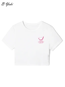 Blessyuki Moda Pamuk Temel T Shirt Kadın 2023 Yaz Mahsul O-Boyun Kısa Kollu Tees Casual Slim Mektup Grafik Kadın Üstleri
