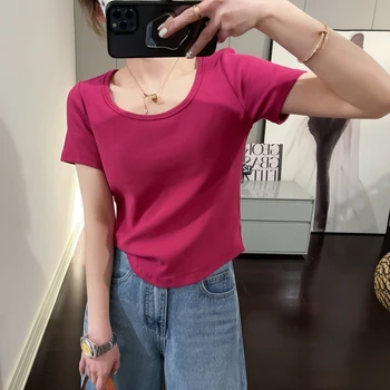 Kısa kollu tişört Kadın 2023 Yaz Yeni İç Giyim Dip Gömlek Kore Tarzı Slim Fit Çok Yönlü Kısa Katı U Yaka Üst