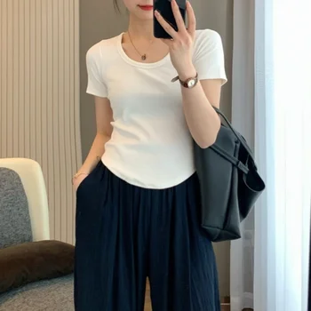 Kısa kollu tişört Kadın 2023 Yaz Yeni İç Giyim Dip Gömlek Kore Tarzı Slim Fit Çok Yönlü Kısa Katı U Yaka Üst