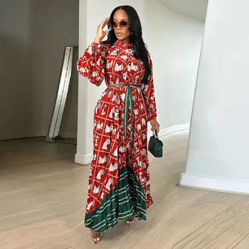 Gotoola Temel kadın Commuting Giyim Popüler Geometrik Desen Konumlandırma Baskı Pilili Uzun Kollu Elbise 2023 Yeni O-boyun
