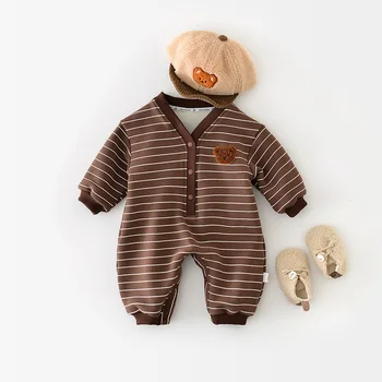 MILANCEL Kış Bebek Tulum Toddler Kahve Şerit Tulumlar Bebek Erkek Kürk Astarlı Giysileri