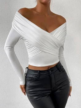 Kadın Seksi Derin V Yaka Uzun Kollu Küçük Üst Beyaz Slim Fit kapalı Omuz Pilili kadın Giyim 2023 Sonbahar Kış Yeni Stil