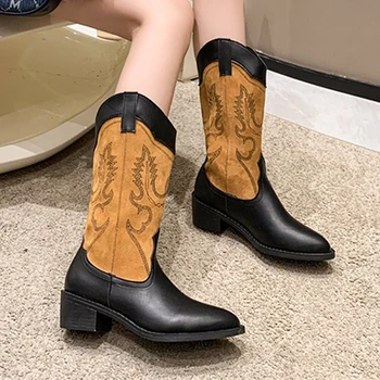 Marka 2023 Kış Yeni Kadın Orta Topuklu Ayakkabı Tıknaz Retro Chelsea Orta Buzağı Çizmeler Trend Gladyatör Sivri Burun Mujer Zapatos Pompaları