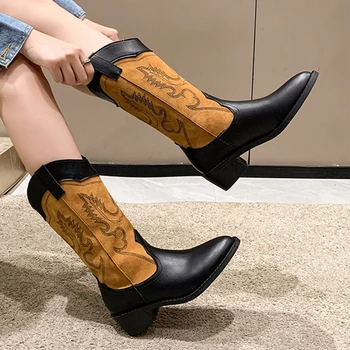 Marka 2023 Kış Yeni Kadın Orta Topuklu Ayakkabı Tıknaz Retro Chelsea Orta Buzağı Çizmeler Trend Gladyatör Sivri Burun Mujer Zapatos Pompaları