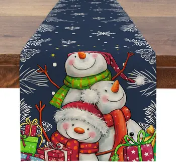 Noel Kardan Adam Mavi Keten Masa Koşucu Kış Tatil Parti Süslemeleri yemek masası Koşucu Noel Masa Süslemeleri