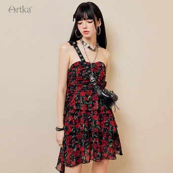ARTKA 2023 Erken Sonbahar Yeni Moda Çiçek Baskı Yüksek Bel Straplez Elbiseler Gotik Şerit Kek Gece Elbisesi Kadın LA92235Q