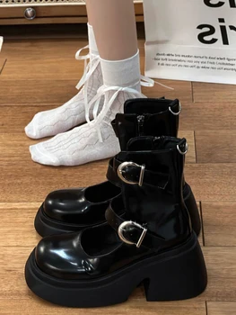 Lace Up Çizmeler Denim kadın ayakkabısı Yuvarlak Ayak Çizmeler - Kadın Kovboy Med Yaz Ayak Bileği Kauçuk Sonbahar Bayanlar Lolita 2023 Kaya Çapraz bağlı
