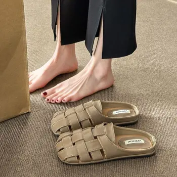 Yeni Yaz deri kadın Terlik Düz kadın Terlik Muller Ayakkabı Roma çok yönlü rahat Muller sandalet