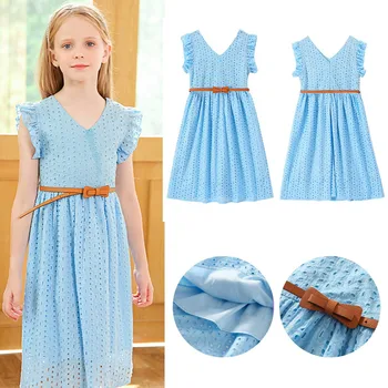 toddler kız küçük uçan kollu v boyun basit delikli baskı elbise kemeri elbise kızlar için parti okul kıyafetleri kızlar için