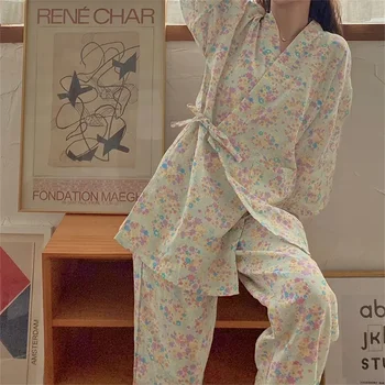 Pijama Setleri Kadın Moda Baskı Basit V Yaka Eğlence Japonya Tarzı Rahat Gevşek Gecelik Temel Güzel Öğrenciler Bahar Şık