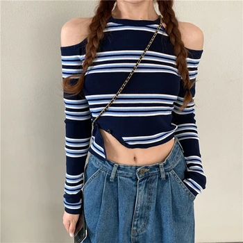 Kore Kontrast Renk Çizgili Casual Uzun kollu tişört Kadın 2023 Sonbahar Yeni O-Boyun Hollow Seksi Straplez Örme Mahsul Tops