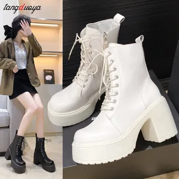 2023 Sonbahar Yeni Çizmeler kadın Kalın topuklu Kalın tabanlı İç Yükseltilmiş Chelsea kısa çizmeler platform ayakkabılar Savaş Botları beyaz