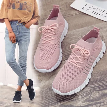 Sneakers Kadınlar Üzerinde Kayma Örgü Hafif Nefes koşu ayakkabıları Kadın Yürüyüş Platformu Rahat Kadın 2023 Yeni Yaz Sıcak