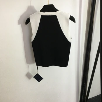 Moda İlkbahar Yaz Vintage Tank Top Moda Klasik Siyah Beyaz kadın Örme Yelek Tüm Maç Mektup Baskı Kadın Giysileri