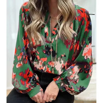 Kadın Casual Bohemian Baskı V Yaka Fener Uzun Kollu Üst Gevşek Gömlek İlkbahar Ve Sonbahar Zarif Soyut Ofis T-shirt