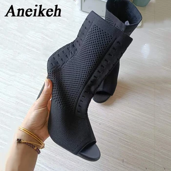 Aneikeh 2023 İlkbahar Sonbahar Örme Streç Kumaş yarım çizmeler Peep Toe İnce Yüksek Topuk Seksi Cut-Out Ayakkabı Klasikleri Patik Siyah