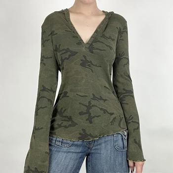 Darlingaga Vintage Yeşil Kamuflaj Kapşonlu T-Shirt Kadın Üst Düğmeler Fırfır Y2K Fairycore Sonbahar Kazak Gömlek İnce Estetik