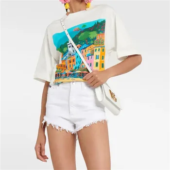 Kadın T-shirt 2023 Yaz Yeni Kore Moda Baskı Kısa Kollu Üst Elastik Örme Saf Pamuk Yuvarlak Boyun Kazak y2k Tarzı