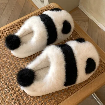 Kış Kapalı Panda Terlik Kadın Düz Kürklü Ev Karikatür Kadın pamuklu ayakkabılar Kadın Sevimli Hayvan Sıcak kaymaz Ayakkabı Slaytlar