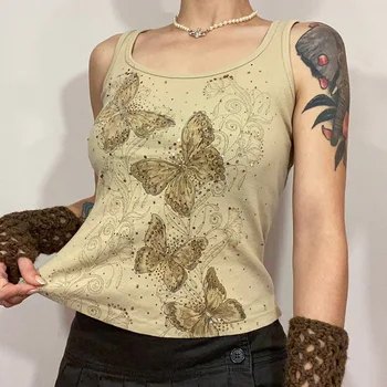 Kadın Taklidi Kelebek Tankı Üstleri Vintage Cilt Örme Yelek Kadın Kolsuz Sevimli T-shirt Harajuku Streetwear