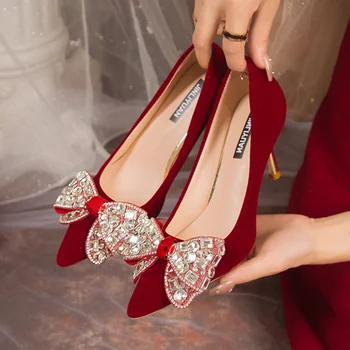 Rimocy Kırmızı Bling Büyük Kristal Pompaları Kadın Papyon Akın Ince Topuklu düğün parti ayakkabıları Kadın Parlak Rhinestones Yüksek Topuklu Ayakkabılar
