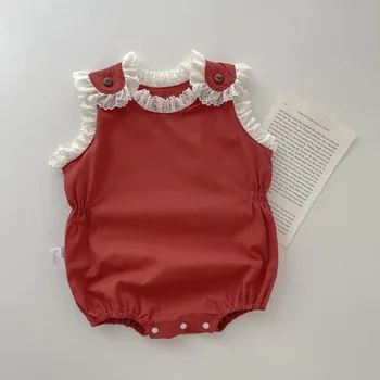 Ins Sonbahar Yenidoğan Bebek Kız Bodysuit Retro Dantel Fırfır Kolsuz Tulum Bebek Kırmızı Tek Parça Toddler Kız Tatlı Elbise