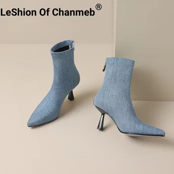 LeShıon Of Chanmeb Kadın Streç Kumaş Çizmeler Zarif Bayanlar Kısa bileğe kadar bot İnce Topuk 2024 Kadın Sonbahar Sivri Burun Ayakkabı 33-40