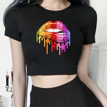 Seeyoushy Harajuku Gömlek 2023 Y2k Kırpılmış Üstleri Kadın Renkli Seksi Dudaklar Göbek Tee Gömlek Yaz Göbek Üst Kadınlar için Estetik