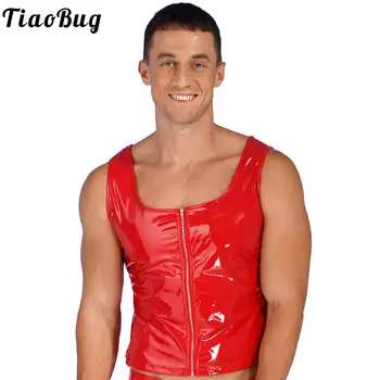 Erkek Seksi Clubwear Moda Fermuar Patent Deri Tank Top ıslak bak U boyun Kolsuz Yelek Kulübü kutup dans