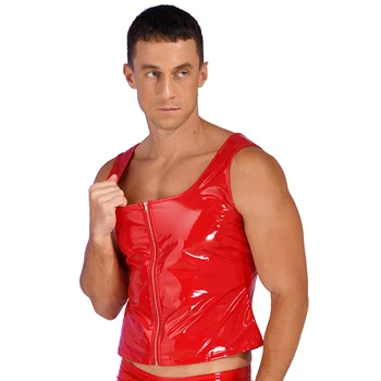 Erkek Seksi Clubwear Moda Fermuar Patent Deri Tank Top ıslak bak U boyun Kolsuz Yelek Kulübü kutup dans