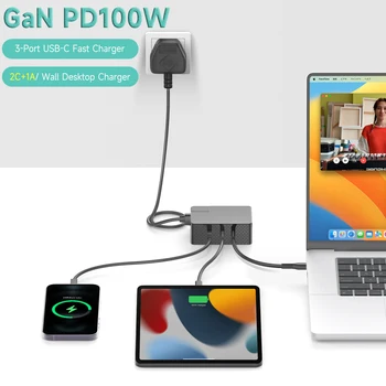 100W GaN 3-Port Duvar masaüstü şarj cihazı İNGİLTERE Tak PD3.0 65W 45W USB-C C TİPİ Hızlı Şarj için MacBook iPad iPhone14 Pro Galaxy S22
