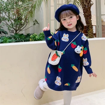 Sonbahar Çocuk Kazak Elbiseler Kızlar için Sevimli Tavşan Uzun Kazak Toddler Bebek Rahat Örgü Üstleri Çocuk Kız Güz Tops 6 8 9 5 4