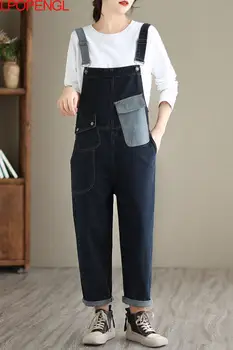 Yeni kadın Kot Sonbahar Ve Kış Tek parça Pantolon Ekleme Kore Tulum Retro Rahat Gevşek Kolsuz Düz Bacak Pantolon