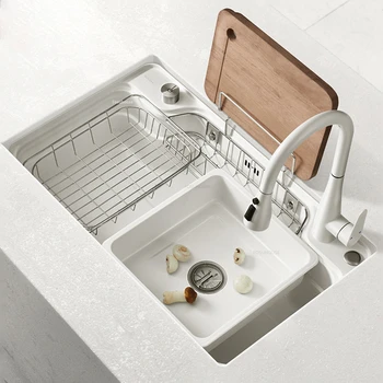 Basit Beyaz mutfak lavaboları Japon Mutfak Aksesuarları Bulaşık Süzgeç Büyük Tek yuvalı Ev Lavabo Paslanmaz Çelik Sanat Havzası