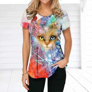 Moda Kedi Baskı T-shirt Yaz Bayanlar Y2k Kız kısa kollu t-shirt O Boyun Kadın Hayvan Harajuku Kazak Sokak Giyim