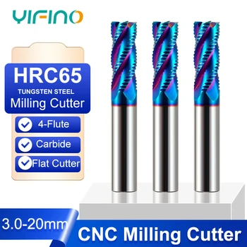 YIFINO Mavi Nano Kaplama Tungsten Çelik Karbür 4-Flute Kaba freze kesicisi HRC65 CNC işleme makinesi Freze Araçları