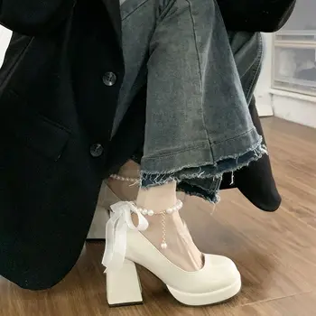 Büyük Boy Kadın 2023 Moda Yeni Kare Ayak Kalın Yüksek Platform Topuklu Düğme Sığ Femmes Ayakkabı Yay Pompaları Mujer Pençeleri Hauts