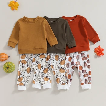 2023-07-30 Lioraitiin 0-3years Toddler Kız Cadılar Bayramı pantolon Setleri Katı Uzun Kollu Üstleri Kabak Baskı İpli Pantolon