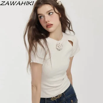 Amerikan Retro Düz Renk Kısa Kollu Hollow Out İnce T Shirt Kadın Y2K Estetik Minimalist Yaz Rahat Kırpma Üst Mujer