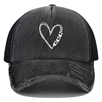 Sünger Örgü kamyon şoförü şapkası Kalp Baskı Snapback Beyzbol Kapaklar Açık Rahat Yıkanmış Sıkıntılı Şapka Moda Kadın spor şapkaları