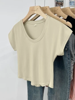 Pamuk U yaka kısa kollu t-shirt kadın yaz tasarım kısa üst için