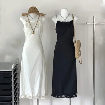 Katı Püskül Tasarım Hollow-out Halter boyun Elbise Uzun Kadın A-line Beraberlik Dize Yüksek Bel Ince tatil elbisesi Yeni Orta Buzağı Yaz