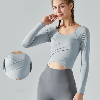 Logo ile Kadın Göğüs Çapraz Seksi İnce Yoga Gömlek Uzun Kollu Kırpma Üst Koşu Spor Tee Egzersiz Bayanlar Spor Bluz Spor