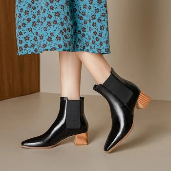 YENİ Sonbahar Çizmeler Kadın Kare Ayak Tıknaz Topuk Ayakkabı Kadın Retro Bölünmüş Deri Modern Çizmeler Muhtasar yarım çizmeler Kadın Kahverengi ayakkabı