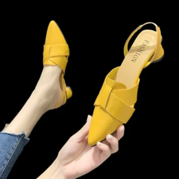 Yaz Sivri Burun Sandalet Kadın Moda Yüksek Kaliteli Bej Kare Topuk Ayakkabı Rahat Tatlı Parti Sarı Yüksek Topuklu Artı Boyutu 42