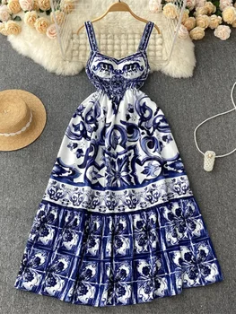 Yeni Yaz Tatili Maxi Elbise kadın Spagetti Kayışı V Boyun Backless Mavi Ve Beyaz Porselen Baskı Tatil Uzun Vestido