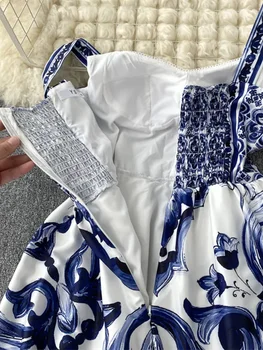 Yeni Yaz Tatili Maxi Elbise kadın Spagetti Kayışı V Boyun Backless Mavi Ve Beyaz Porselen Baskı Tatil Uzun Vestido